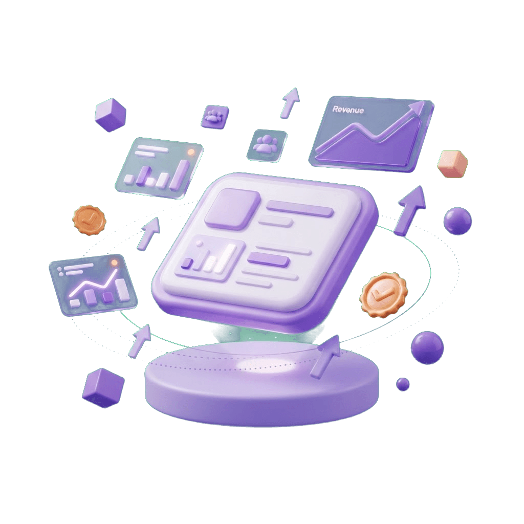 Glossy 3D scene of a digital project elevating into a premium asset, surrounded by revenue graphs, analytics cards, growth arrows and valuation badges