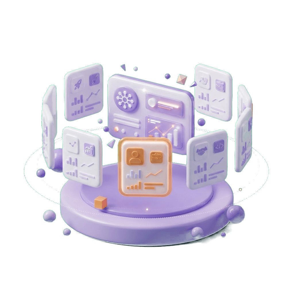 Glossy 3D scene of symbolic persona cards orbiting a central dashboard, each with tiny metrics, with one orange-highlighted active profile