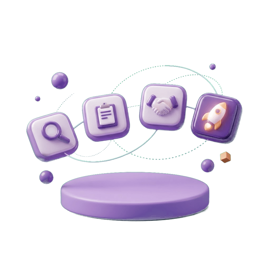 Glossy 3D workflow of four floating stages — search, documents, handshake and rocket — connected by curved orbit lines on a pedestal