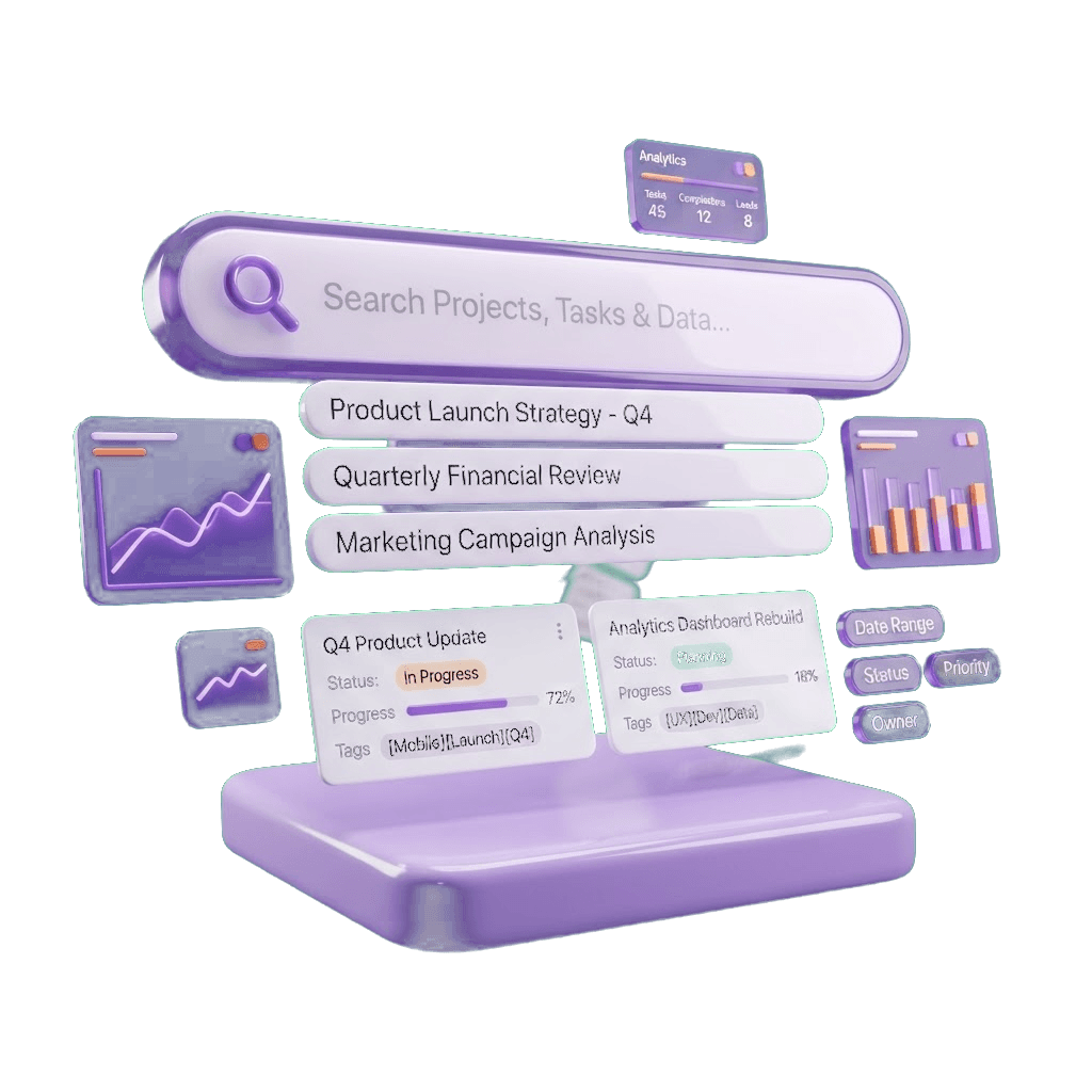 Large floating search interface with autocomplete and self-filtering project cards